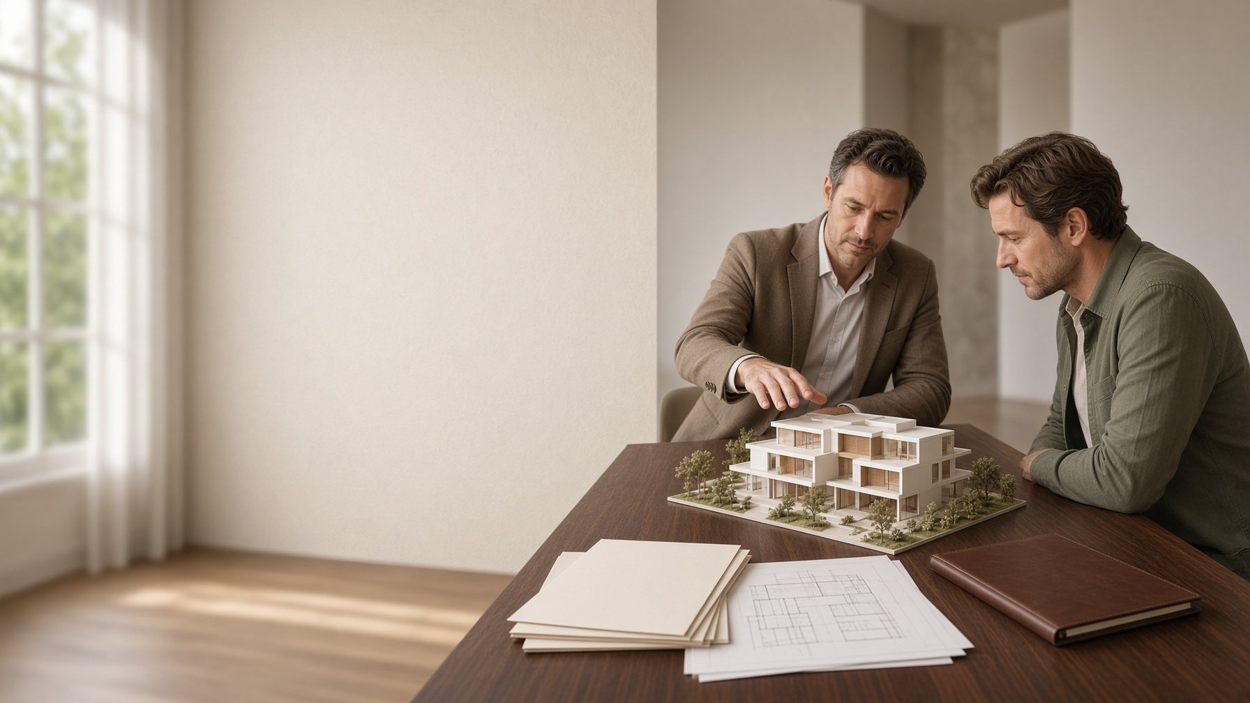 Professional property consultation reviewing an architectural model and documentation